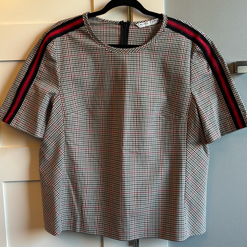 Trina Turk Aden XL plaid checked top with sporty stripes